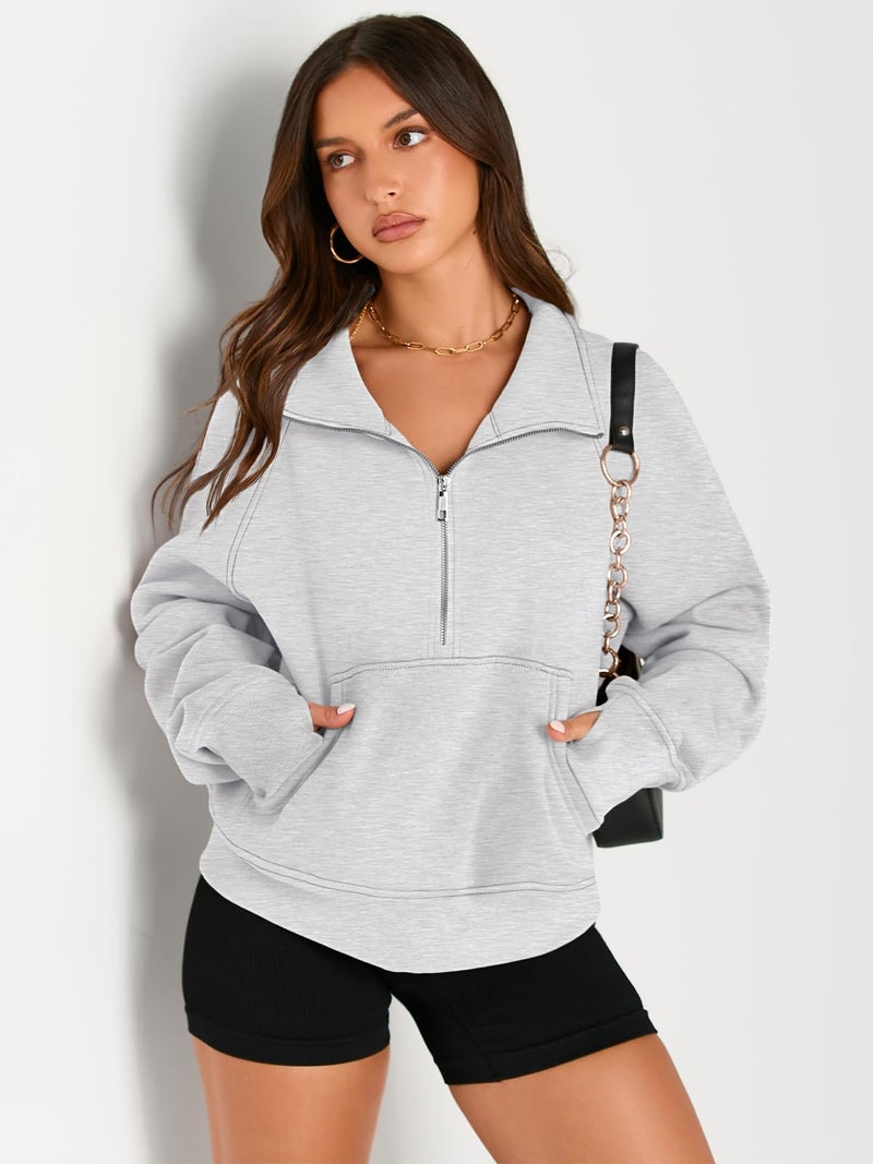AUTOMET Womens Sweatshirts Half Zip Cropped Pullover Fleece Quarter Zipper Sweater Hoodies 2026 Fall Fashion Outfits Clothes Grey X-Large - Image 3