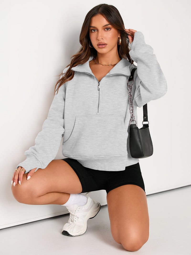 AUTOMET Womens Sweatshirts Half Zip Cropped Pullover Fleece Quarter Zipper Sweater Hoodies 2026 Fall Fashion Outfits Clothes Grey X-Large - Image 4