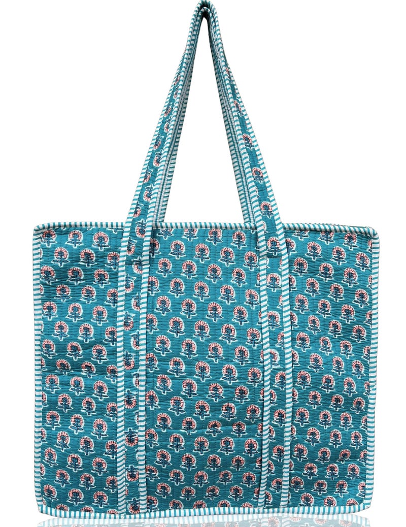 Third Eye Export 100% Cotton Quilted Tote Bag 18x16â€“ Large Zipper Beach Bag & Travel Bag Teal Purse Reusable Grocery Bags (Ball Blue Purple Thorn Floral Print) - Image 1