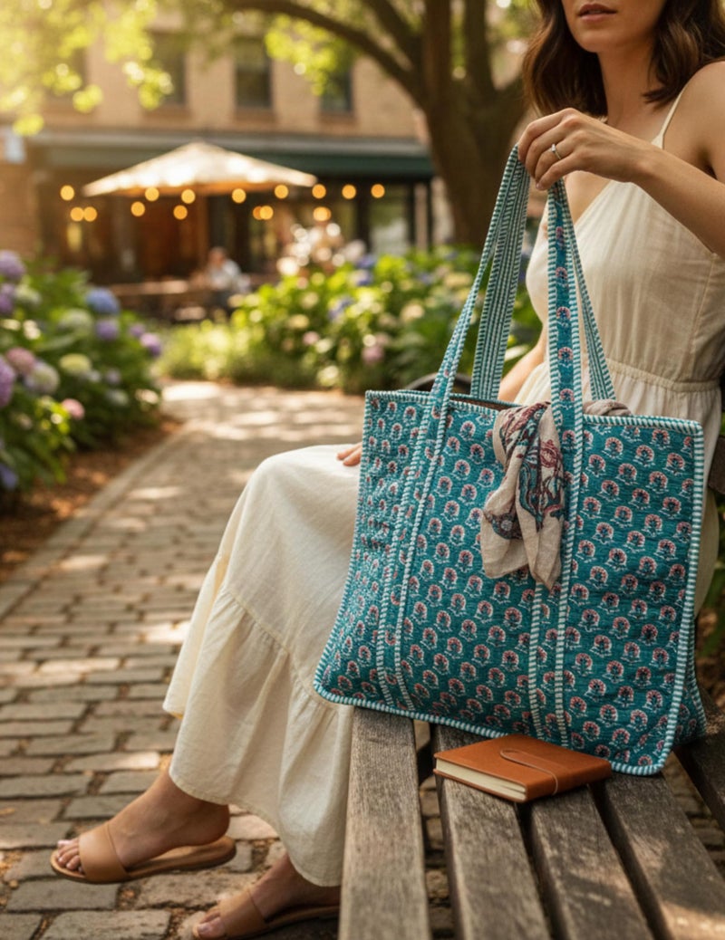 Third Eye Export 100% Cotton Quilted Tote Bag 18x16â€“ Large Zipper Beach Bag & Travel Bag Teal Purse Reusable Grocery Bags (Ball Blue Purple Thorn Floral Print) - Image 2