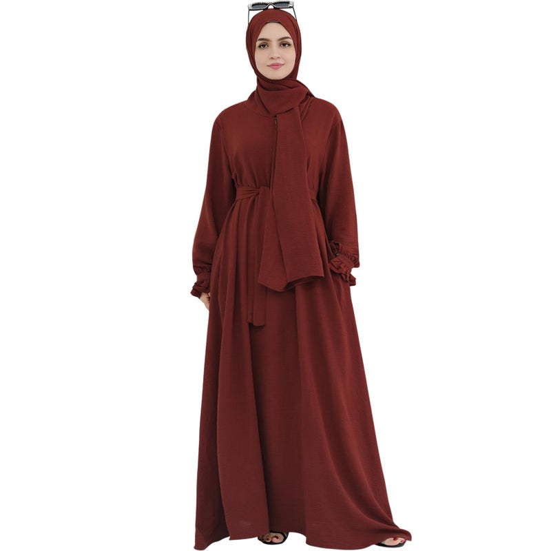 Khalat Women's Middle East Arabian Robe Islamic Modest Dress with Hijab Scarf Lace Sleeve Flowy Abaya Dress Wine Red - Image 5