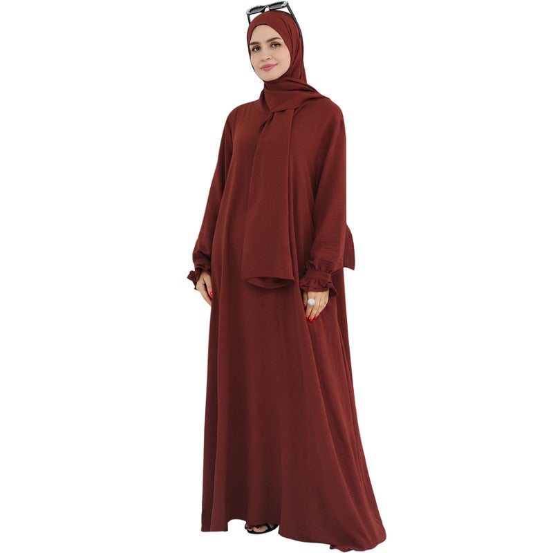 Khalat Women's Middle East Arabian Robe Islamic Modest Dress with Hijab Scarf Lace Sleeve Flowy Abaya Dress Wine Red - Image 2