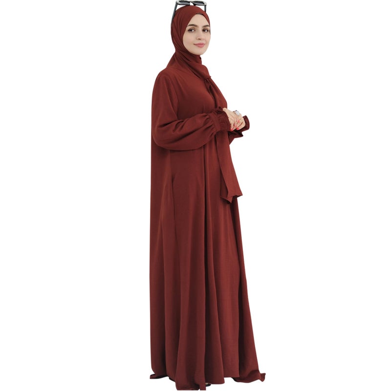 Khalat Women's Middle East Arabian Robe Islamic Modest Dress with Hijab Scarf Lace Sleeve Flowy Abaya Dress Wine Red - Image 4