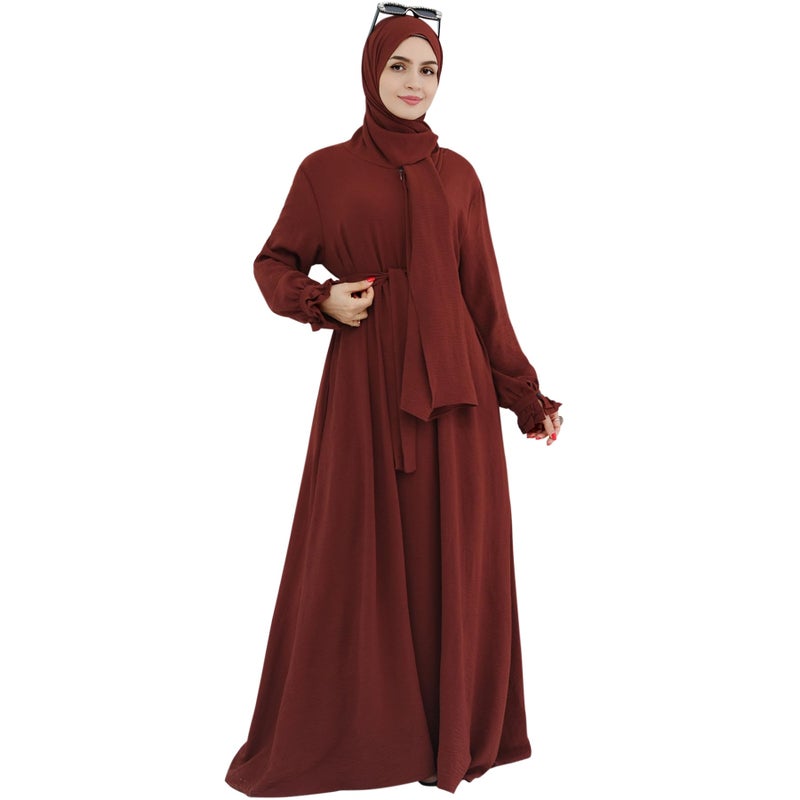 Khalat Women's Middle East Arabian Robe Islamic Modest Dress with Hijab Scarf Lace Sleeve Flowy Abaya Dress Wine Red - Image 1