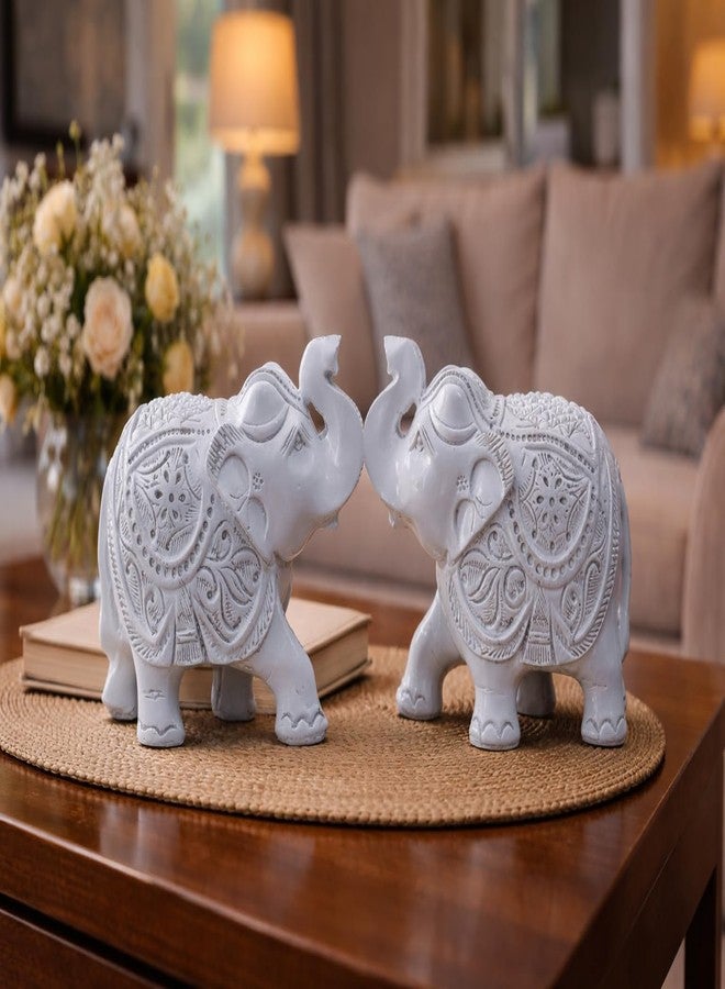 INARA Creation Elephant Statue 2 Pcs Set, Resin, Traditional Style, Good Luck Theme, for Home Decor & Office (White) - Image 1
