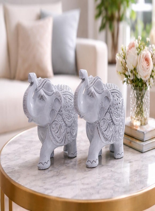 INARA Creation Elephant Statue 2 Pcs Set, Resin, Traditional Style, Good Luck Theme, for Home Decor & Office (White) - Image 3