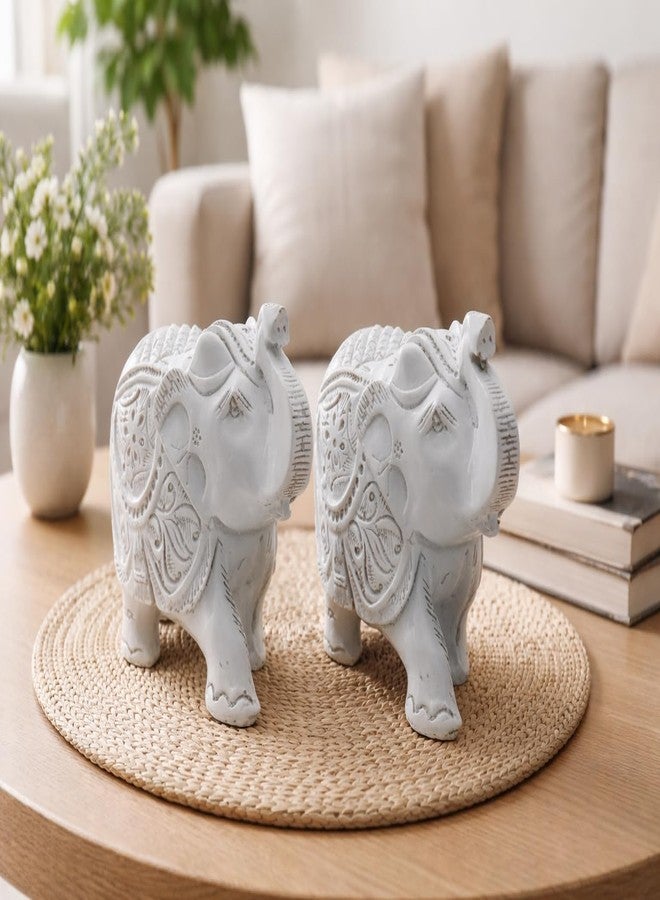 INARA Creation Elephant Statue 2 Pcs Set, Resin, Traditional Style, Good Luck Theme, for Home Decor & Office (White) - Image 2