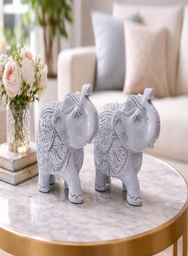 INARA Creation Elephant Statue 2 Pcs Set, Resin, Traditional Style, Good Luck Theme, for Home Decor & Office (White) - Image 5
