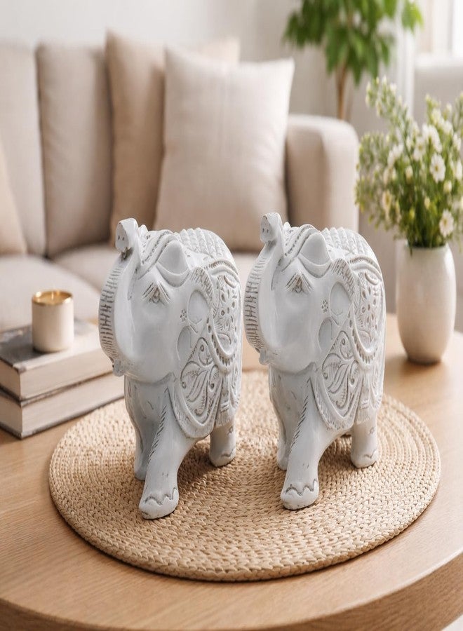 INARA Creation Elephant Statue 2 Pcs Set, Resin, Traditional Style, Good Luck Theme, for Home Decor & Office (White) - Image 4