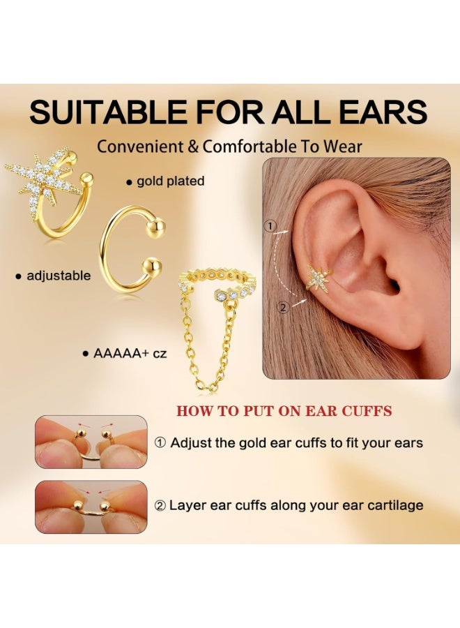 kunshao 14K Gold Plated Non Piercing Ear Cuffs Clip On Cartilage Earrings for Women with AAAAA Cubic Zirconia Lightweight 3PCS - Image 4