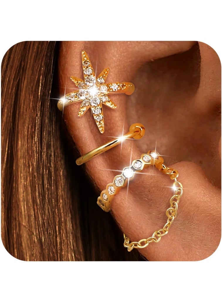 kunshao 14K Gold Plated Non Piercing Ear Cuffs Clip On Cartilage Earrings for Women with AAAAA Cubic Zirconia Lightweight 3PCS - Image 1