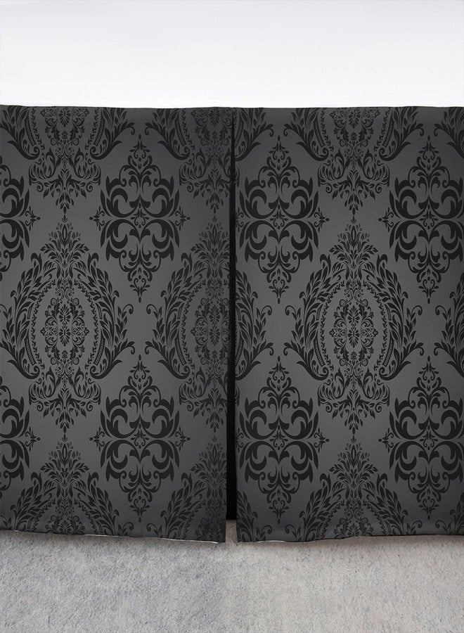 Feelyou Damask King Size Bed Skirt,Black Grey Soft Quadruple Pleated Ruffle Bedskirt for Kids Boys Girls Teens Bedroom,Damask Pattern Fitted Sheet Floral Printed with 15 Inch Bed Skirts Bedding Decor - Image 4