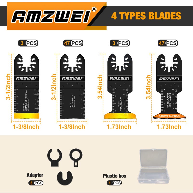 Amzwei 100Pcs Titanium Oscillating Tool Blades  Professional Curved Edge Saw Blades Metal Wood Plastic Cuts 4 Types Quick Release Multi Tool Blades Compatible With Dewalt Milwaukee Ryobi Rockwell - Image 2