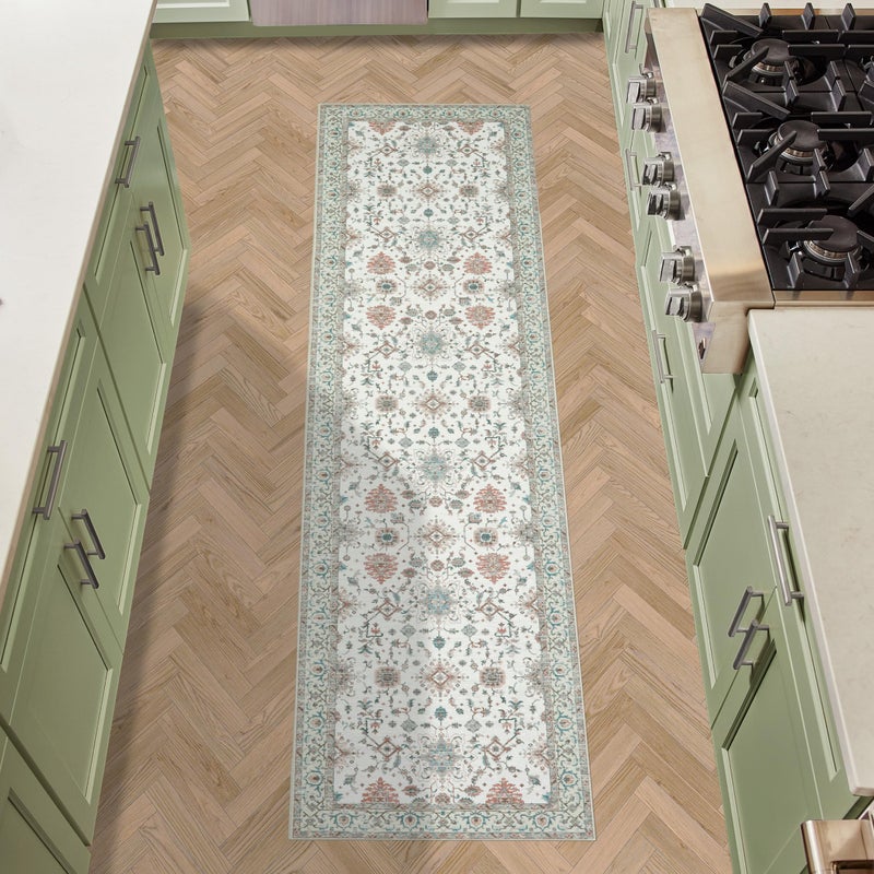 Laura Ashley Beige Aure Floral Machine Washable Slip Resistant 26 x 72 Runner Rug