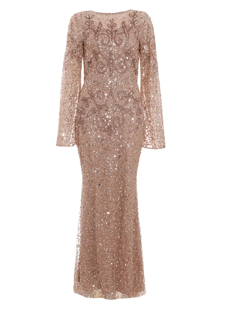 quiz rose gold sequin dress High Life Rose Gold Sequin Square Neck Split Front Maxi Dress – Club L  London main image 1