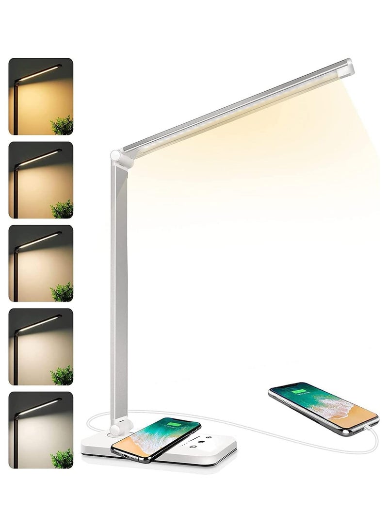 Generic - LED Desk Lamp with Wireless Charger, USB Charging Port, Desk Lighting with 5 Brightness Level,Dimmable Eye-Caring Reading Desk Light for Home, Office Lights, Touch Control, Auto Timer (White) - Image 1