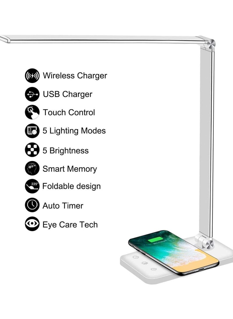 Generic - LED Desk Lamp with Wireless Charger, USB Charging Port, Desk Lighting with 5 Brightness Level,Dimmable Eye-Caring Reading Desk Light for Home, Office Lights, Touch Control, Auto Timer (White) - Image 1