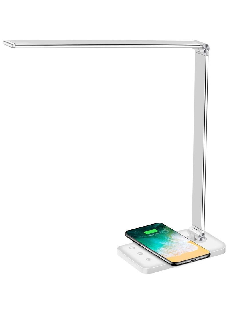 Generic - LED Desk Lamp with Wireless Charger, USB Charging Port, Desk Lighting with 5 Brightness Level,Dimmable Eye-Caring Reading Desk Light for Home, Office Lights, Touch Control, Auto Timer (White) - Image 1
