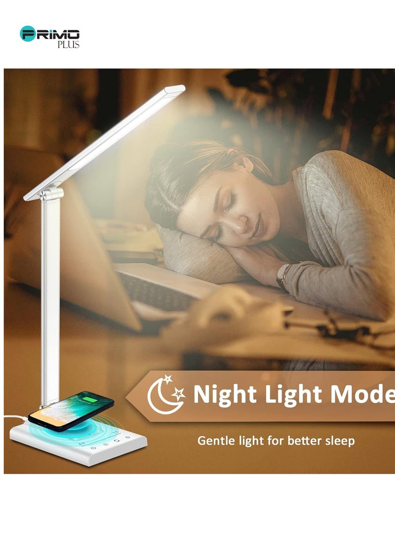Generic - LED Desk Lamp with Wireless Charger, USB Charging Port, Desk Lighting with 5 Brightness Level,Dimmable Eye-Caring Reading Desk Light for Home, Office Lights, Touch Control, Auto Timer (White) - Image 1