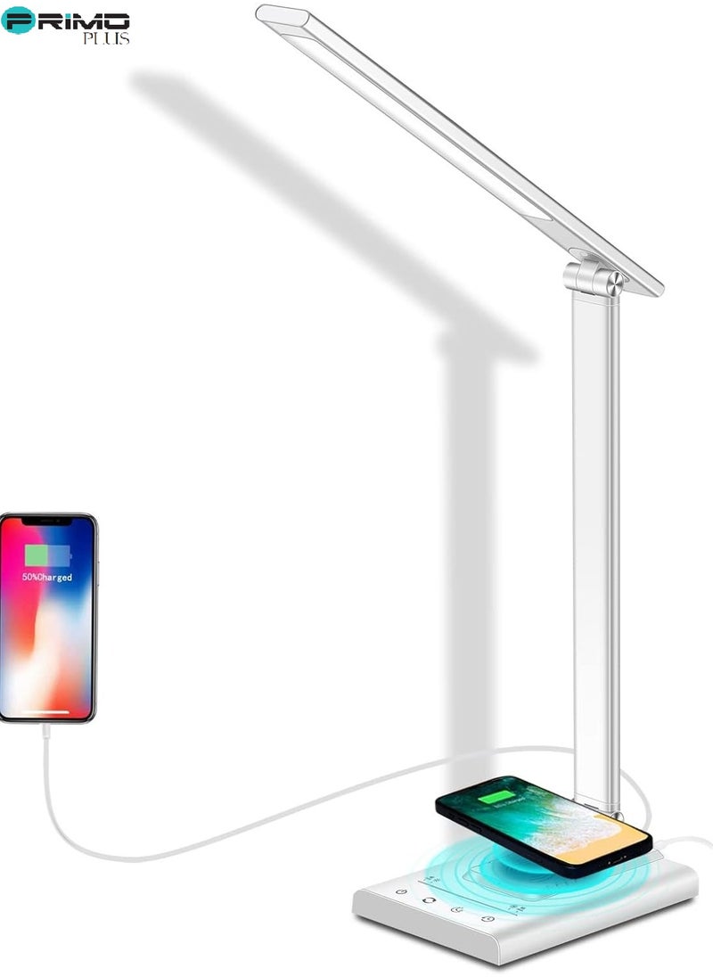 Generic - LED Desk Lamp with Wireless Charger, USB Charging Port, Desk Lighting with 5 Brightness Level,Dimmable Eye-Caring Reading Desk Light for Home, Office Lights, Touch Control, Auto Timer (White) - Image 1