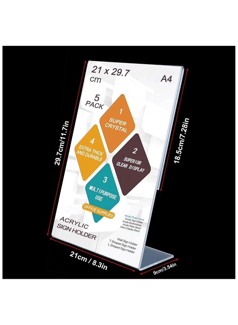 SLASA A4 Acrylic Sign Holder – 5 Pack L-Shape Clear Display Stand, Perspex Poster & Menu Holder for Office, School, Shop, Restaurant - Image 2
