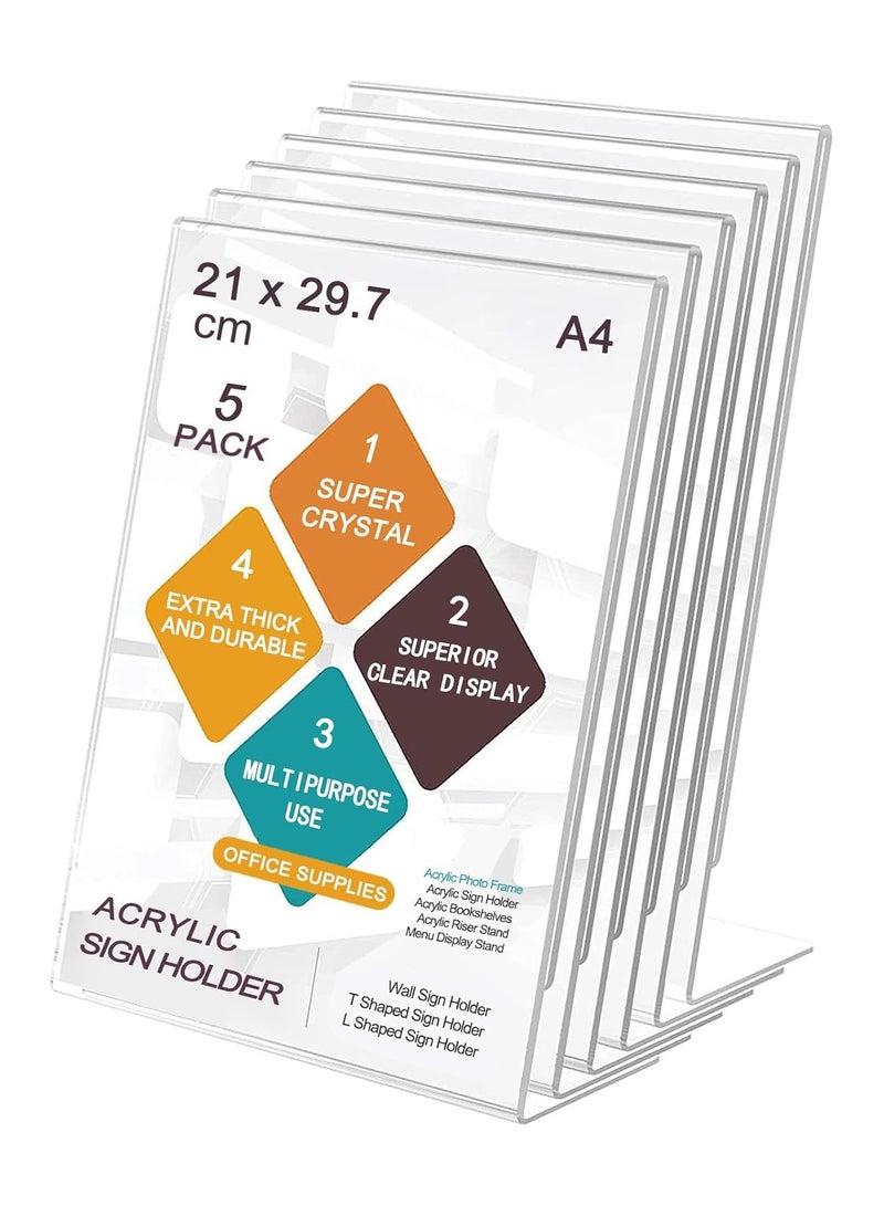SLASA A4 Acrylic Sign Holder – 5 Pack L-Shape Clear Display Stand, Perspex Poster & Menu Holder for Office, School, Shop, Restaurant - Image 1