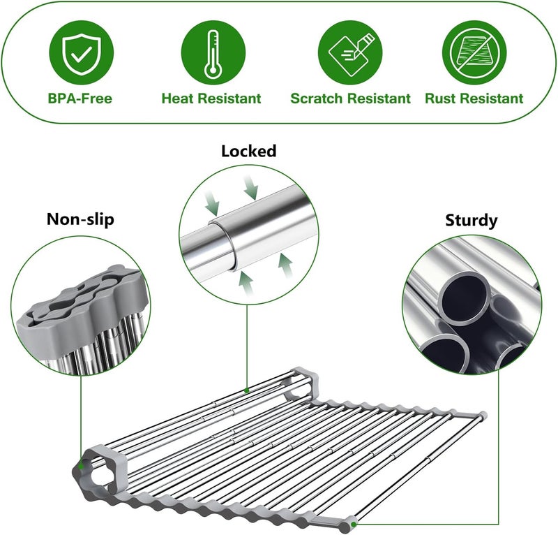 Sindax Expandable Dish Drying Rack Up to 23.7", Extra Large Roll Up Over The Sink Dish Drying Rack for Kitchen Sink, Thickened 304 Stainless Steel for Extra Strength, for Cups Fruits Vegetables - Image 5