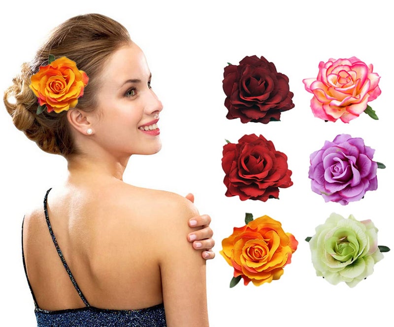 6Pcs 4 inch Rose Flower Hair Clips Floral Hair Clips Hairpin Bride Flower Hair Accessories Rose Brooch Floral Brooch Flamenco Dancer Flower Pin Up Flower BroochMixed 6 Colors
