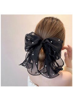 BTFMEI 3-Piece Chiffon Pearl Bow Hair Clip, Butterfly Mesh Pearl  Hair Clip, Chiffon Ribbon Long Tail Accessory For Women Girls (Pink+Champagne+Black)  - Image 3