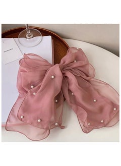 BTFMEI 3-Piece Chiffon Pearl Bow Hair Clip, Butterfly Mesh Pearl  Hair Clip, Chiffon Ribbon Long Tail Accessory For Women Girls (Pink+Champagne+Black)  - Image 4