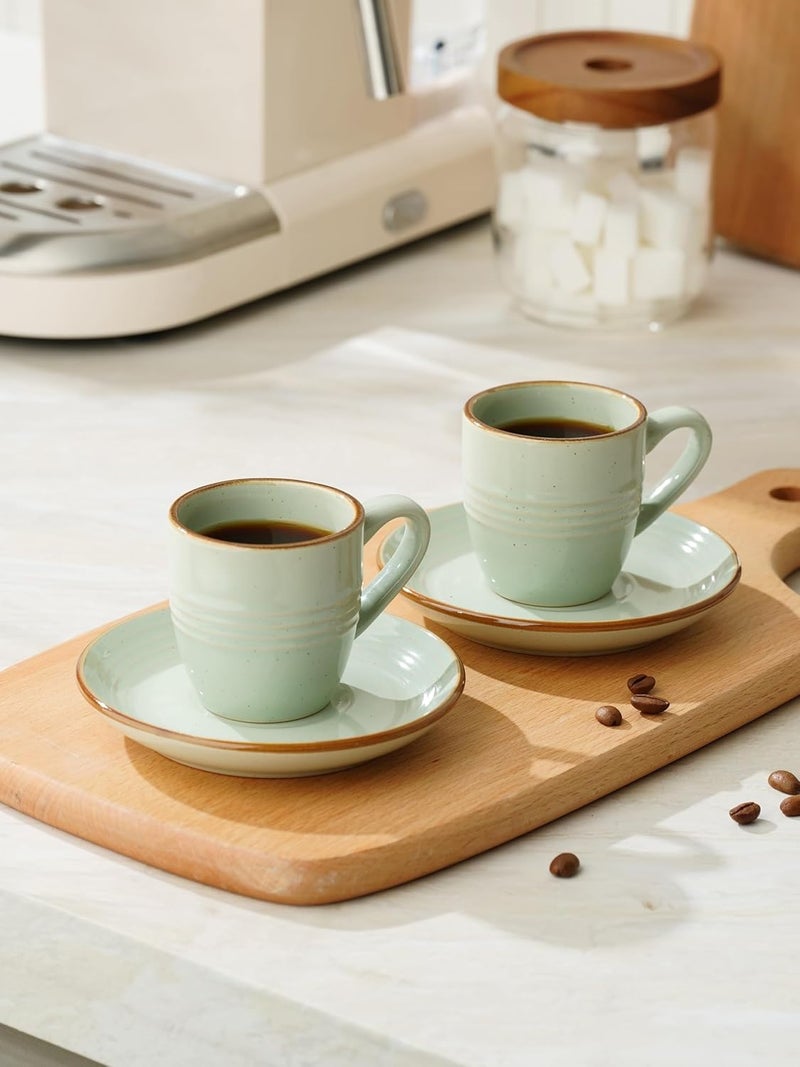 famiware Jupiter Espresso Cups and Saucers Set of 4 3 oz Ceramic Small Coffee Mug with Handle Spiral Stoneware Demitasse Cup for Tea Latte Cafe  Microwave  Dishwasher Safe Light Green - Image 2