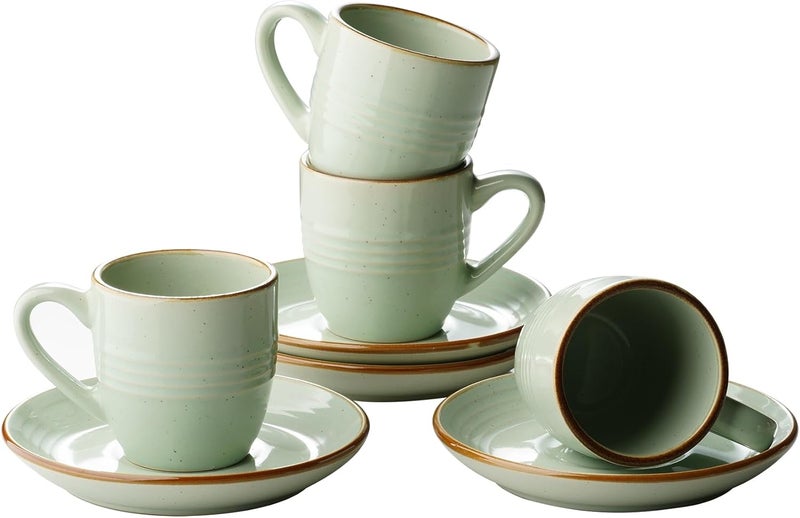 famiware Jupiter Espresso Cups and Saucers Set of 4 3 oz Ceramic Small Coffee Mug with Handle Spiral Stoneware Demitasse Cup for Tea Latte Cafe  Microwave  Dishwasher Safe Light Green - Image 1