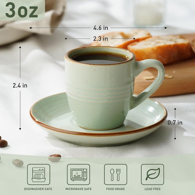 famiware Jupiter Espresso Cups and Saucers Set of 4 3 oz Ceramic Small Coffee Mug with Handle Spiral Stoneware Demitasse Cup for Tea Latte Cafe  Microwave  Dishwasher Safe Light Green - Image 4