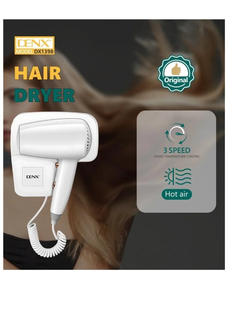 Dinex DINX Professional Wall-Mounted Hair Dryer: Compact, lightweight, powerful, no drilling required, hot and cold settings, automatic shut-off, quiet operation, white, 1250W - Image 3
