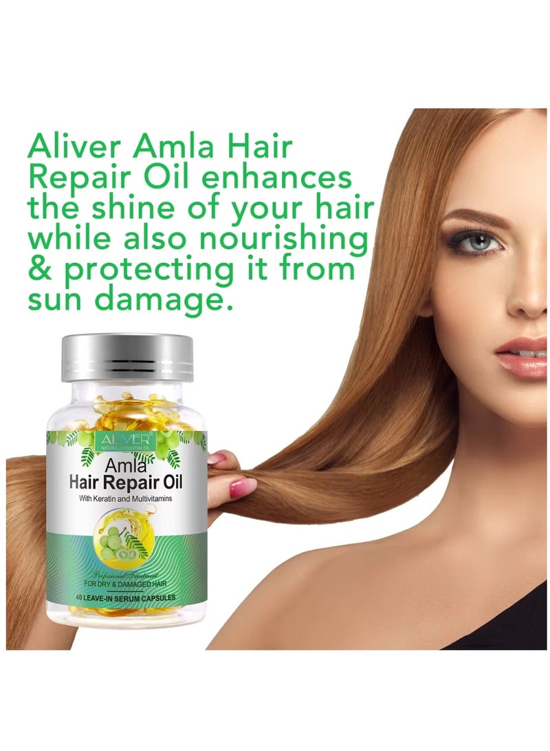ALIVER 40 Pcs Amla Hair Repair Oil Capsules Organic Amla Oil with Keratin & Multivitamins Amla Hair Repair Oil Shines Nourishing Repair Dry & Damaged Hair Treatment Leave-In Serum - Image 3