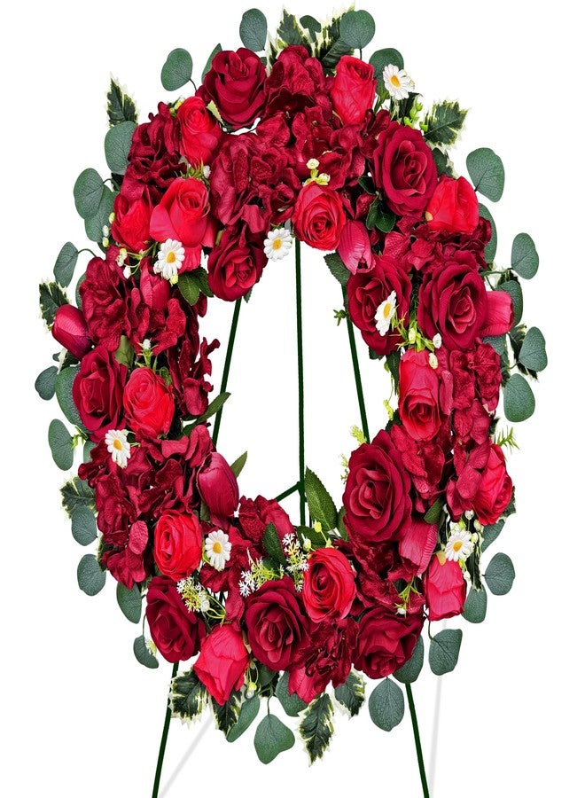 HENOMO Artificial Cemetery Wreaths with Stand Decorations for Grave, 24 Inch Memorial Flowers of Hydrangea Tulip Rose Wreath for Gravesite Wreaths,30 Inch High Easel - Image 1