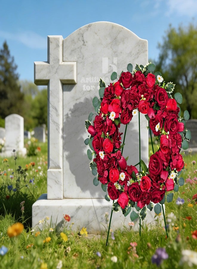 HENOMO Artificial Cemetery Wreaths with Stand Decorations for Grave, 24 Inch Memorial Flowers of Hydrangea Tulip Rose Wreath for Gravesite Wreaths,30 Inch High Easel - Image 2