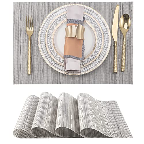 SLKQG Sliver Placemats Set of 4 - Easy Clean Modern Durable Washable Vinyl Place Mats - Heat Resistant Placemats for Kitchen Table - PVC Table Mats for Dining Table (Sliver, 4) - Image 1