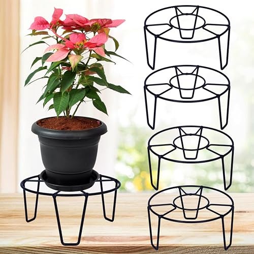 D&V ENGINEERING - Creative in innovation Metal Plant Stands for Outdoor Balcony & Indoor Use,Heavy-Duty Flower Pot Stands for Living Room & Garden,Holds Up to 50kg,8.5" Diameter,Pack of 4,Black - Image 1
