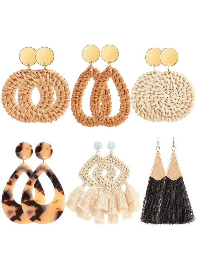 Ponpon 6 Pairs Rattan Earrings, Lightweight Summer Straw Earrings Fashion Geometric Statement Hoop Dangle Drop Zinc Earrings For Women - Image 1