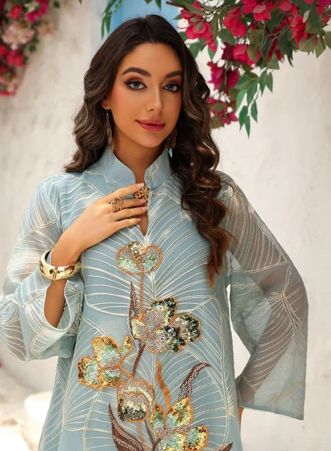 Take Two Teal Women Textured Embellished Sequined Jalabiya for Women | Best Price UAE