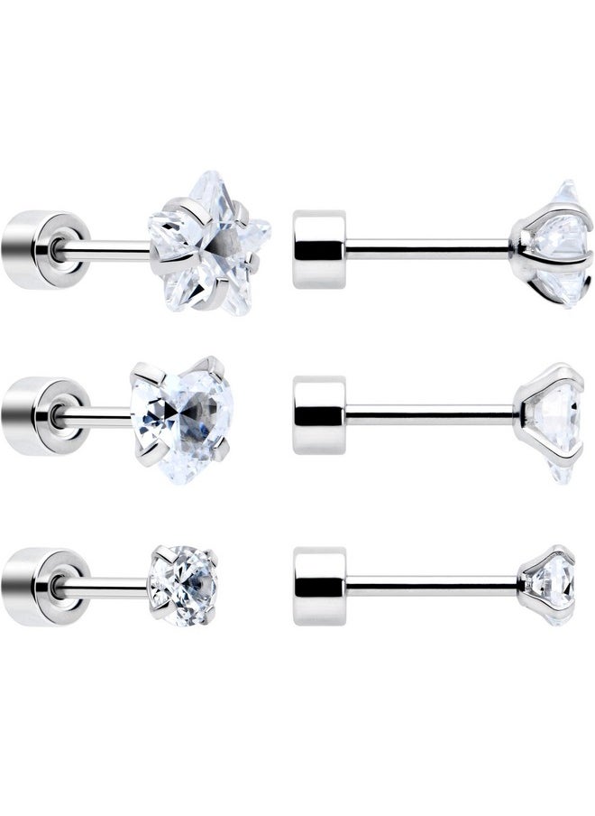 Body Candy Flat Back Earrings Studs - Clear Simplistic Heart Star Cz Flat Back Stud Earrings - 3 Pairs  - Image 2