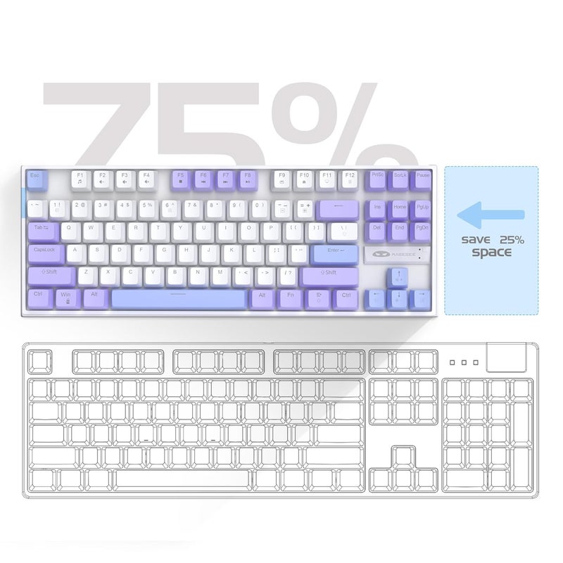 MageGee 75% Mechanical Gaming Keyboard, Red Switch, LED Blue Backlit, 87 Keys Compact TKL Wired Computer Keyboard for Windows Laptop PC Gamer - White/Purple - Image 2