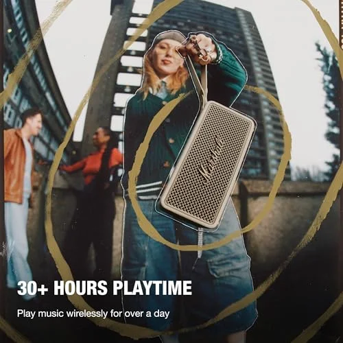 مارشال ميدلتون  سماعة بلوتوث محمولة للمغامرات الخارجية، أكثر من  ساعة تشغيل لاسلكي، مقاومة للماء  بقوة  واط - كريمي