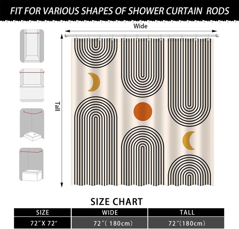 UYDOXCU Boho Shower Curtains for Bathroom Mid Century Minimalist Abstract Aesthetic Modern Bathroom Decor Curtain Machine Washable Waterproof Fabric with 12 Hooks 72" W x 72" L - Image 4