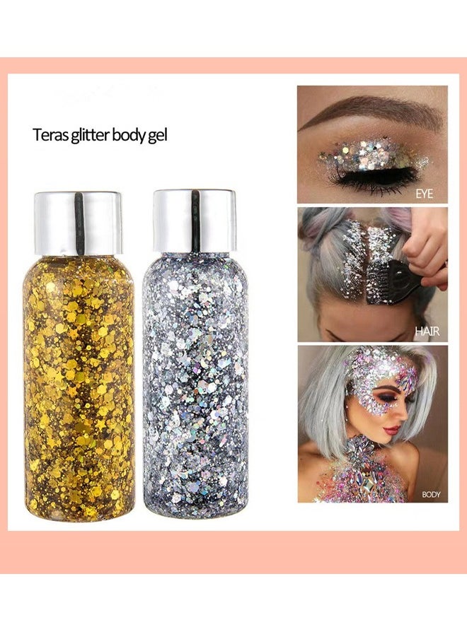 HY 2 Color Body Glitter Gel Mermaid Scale Sequins Skin Long Lasting Sparkling Cream Eyeshadow Lip Nail Hair Painting Glitter Decorate Art Festival Party Make up Powder(Gold,Silver)  - Image 2