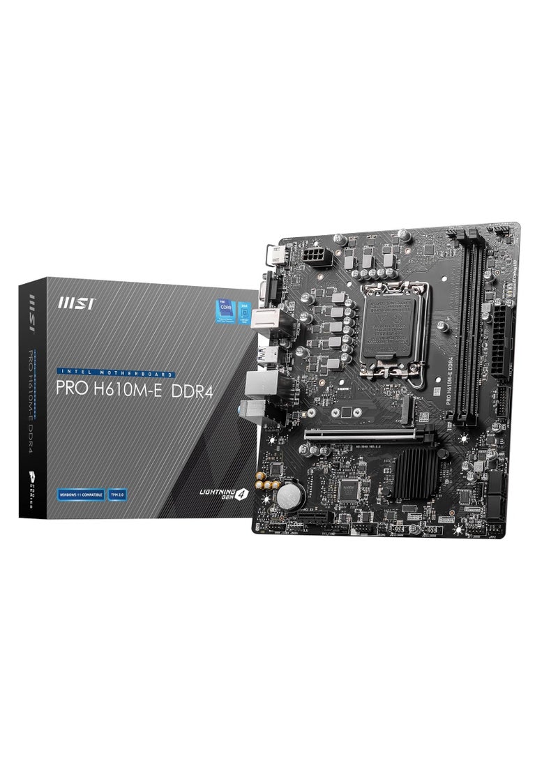 إم اس أي اللوحة الأم PRO H610M-E DDR4 Micro-ATX تدعم معالجات Intel Core من الجيل الثاني عشر LGA 1700-2 x DIMMs 3200MHz 1x PCIe 4.0 x16 Slot 1 x M.2 Gen3 USB 3.2 Gen1 1G LAN HDMI 1.4 وVGA - Image 1