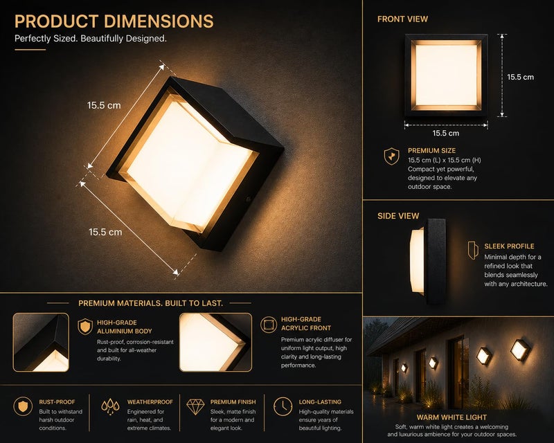 FILLISKA LED Wall Light, 12 Watt, Indoor/Outdoor, Warm White, IP-65 Rated (Black Square-919) - Image 4