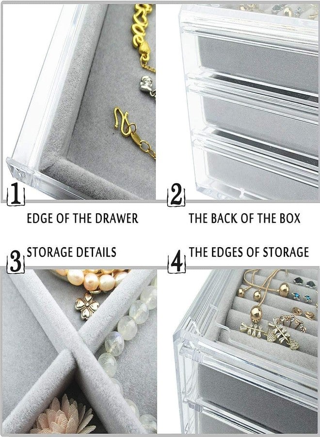 SOLEGLOW Acrylic Jewelry Box with 3 Velvet-Lined Drawers – Organizer for Rings, Earrings, Necklaces, Bracelets – Stylish Display Case Gift for Women and Girls (Gray) - Image 4