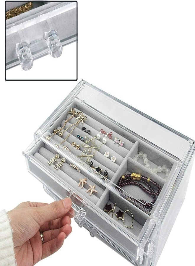 SOLEGLOW Acrylic Jewelry Box with 3 Velvet-Lined Drawers – Organizer for Rings, Earrings, Necklaces, Bracelets – Stylish Display Case Gift for Women and Girls (Gray) - Image 5